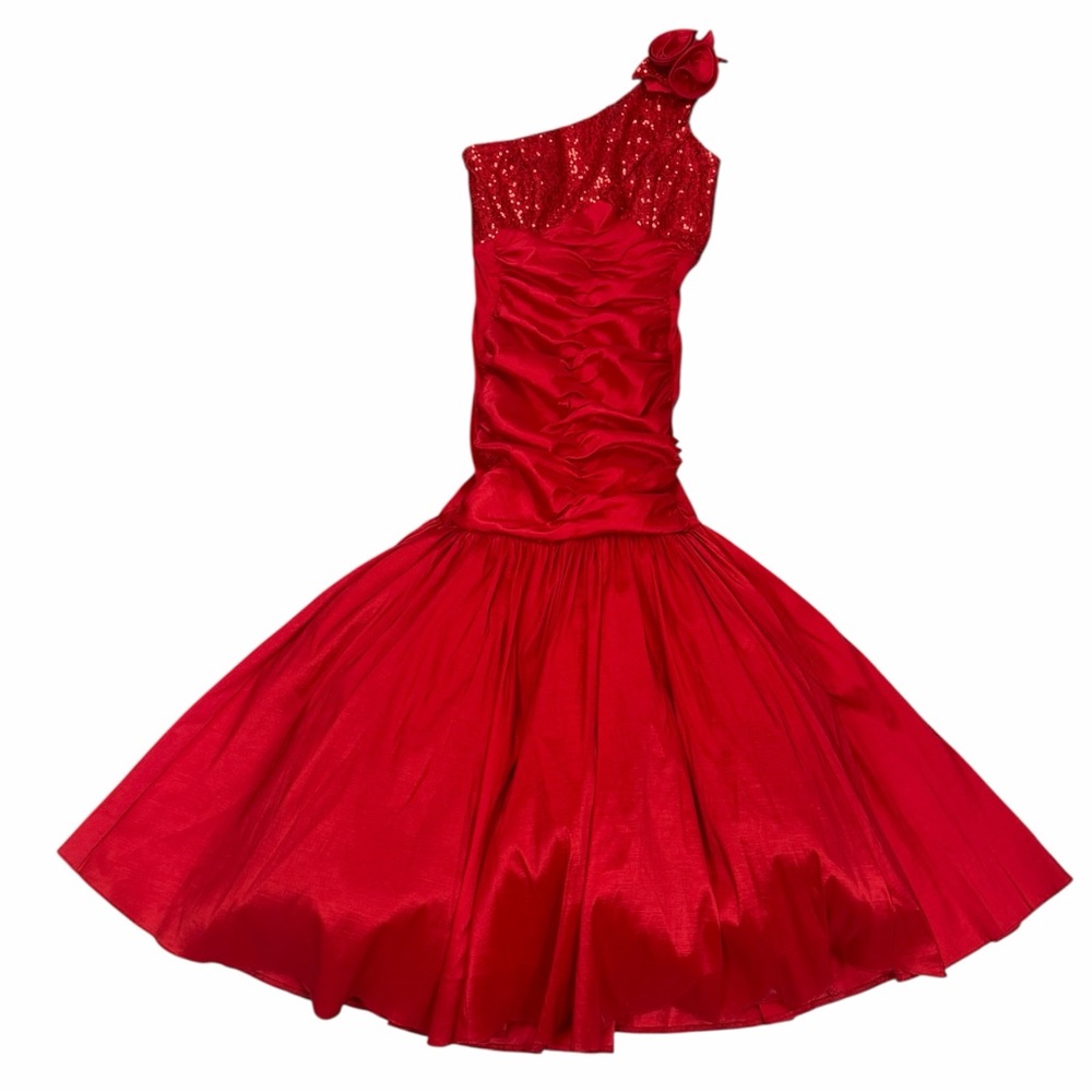Jessica McClintock Vintage Red One Shoulder Sequin Top Red Gown